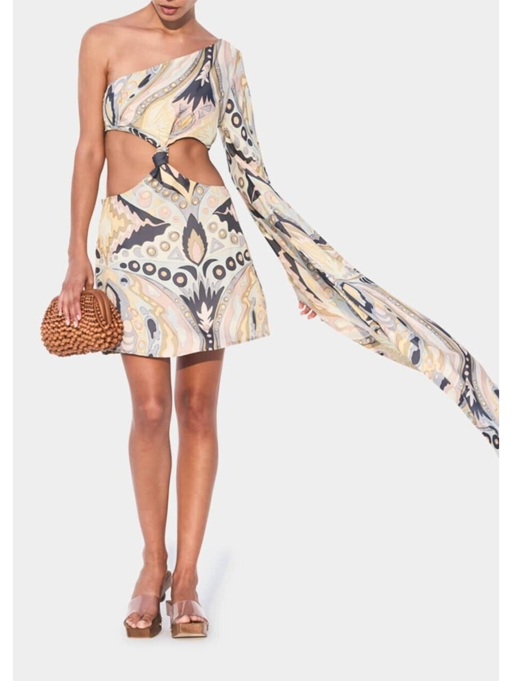 CULT GAIA Lucy One Sleeve Asymmetric Silk Blend Cutout 70's Print Mini Dress- M